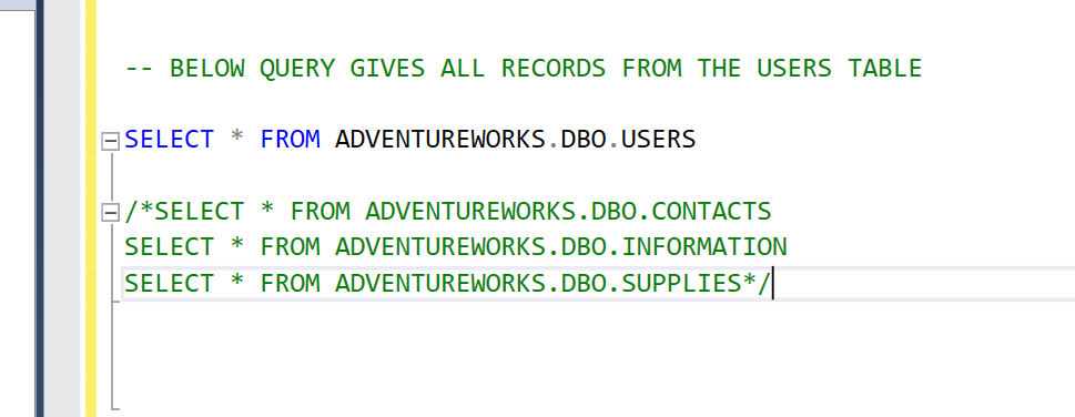 Commenting out multiple lines of code in SQL