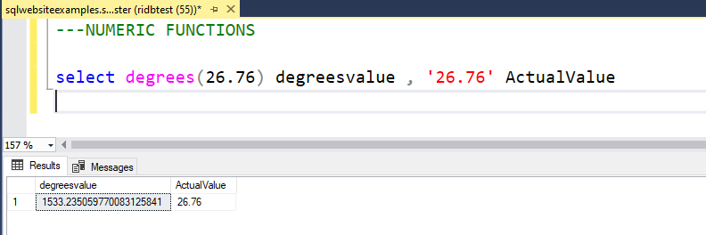 SQL DEGREES() Function